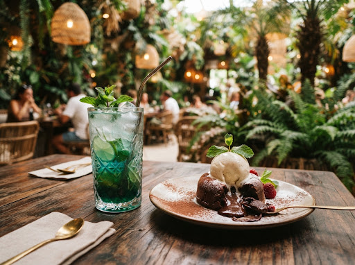 Warm molten chocolate lava cake and artisanal beverages